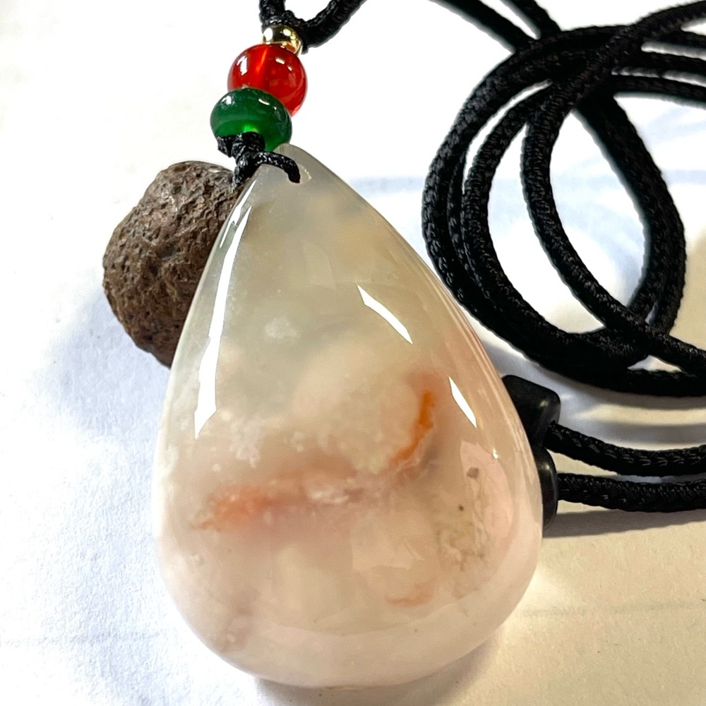 Natural Flower Agate Pendant with Cord Necklace Crystal Gemstone